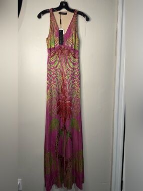 Cecilia Prado Sleeveless Fuchsia Maxi Dress with Tropical Beaded Motif